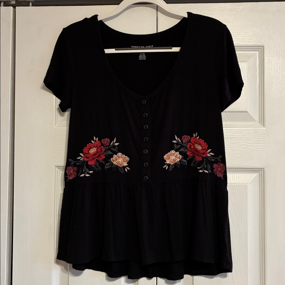 American Eagle Outfitters Black Top with Red and Pink Floral Embroidery